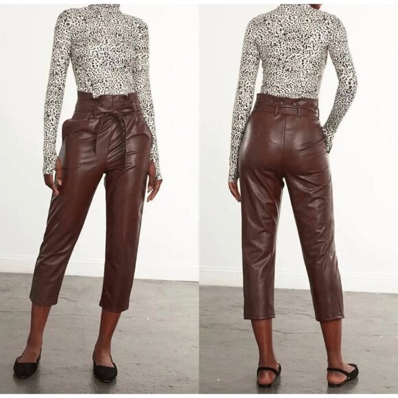 Commando Faux Leather Paperbag Pants Women Medium Brown High Rise Cropped Belted - Picture 1 of 13